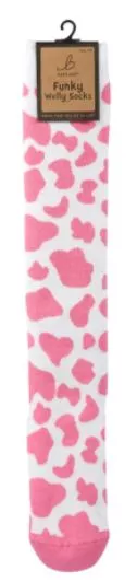 Funky Welly Socks Pink Cow Print Size 4-8
