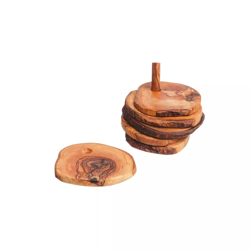 Olive Wood - Rustic Coaster Set with Holder
