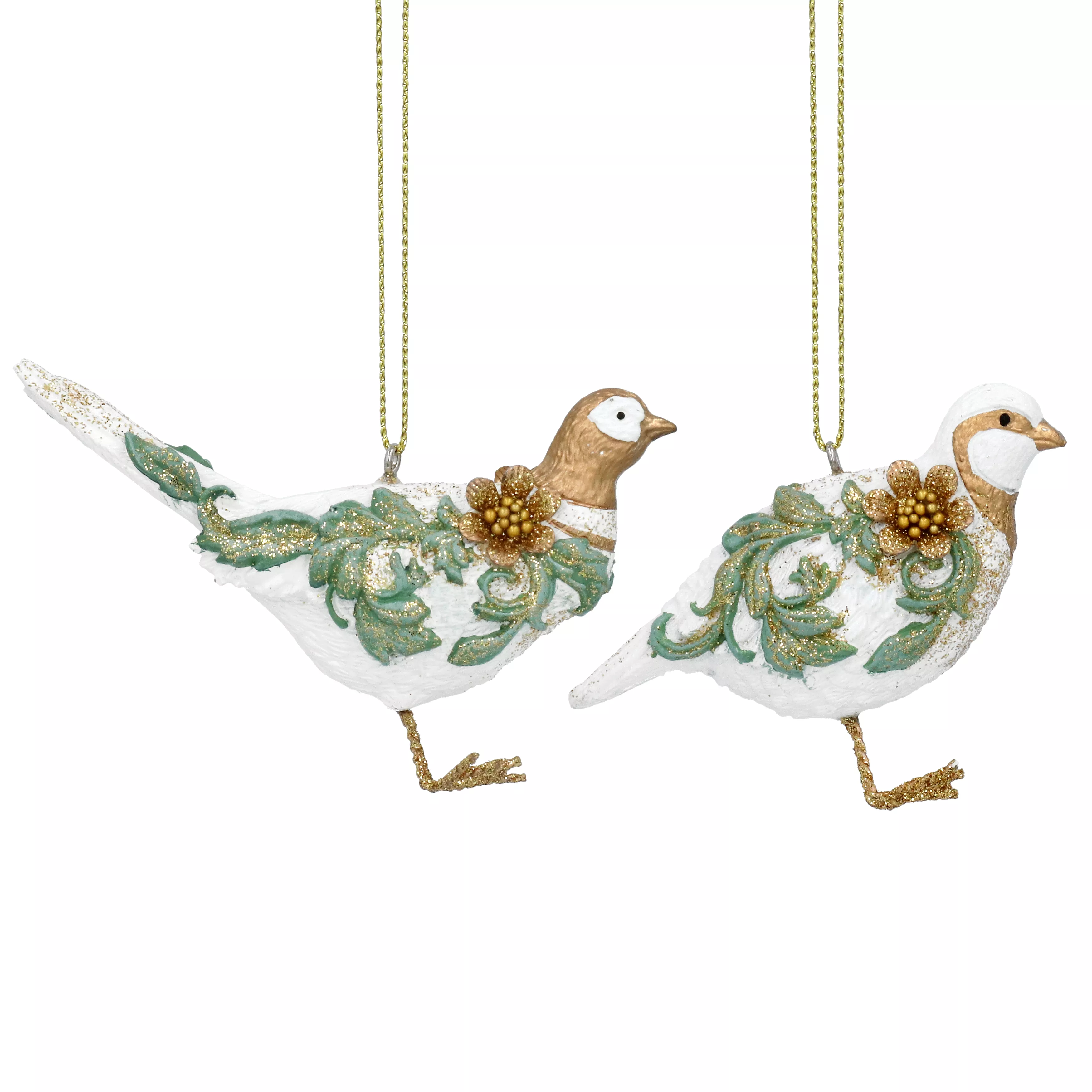 Cream/Gold/Green Resin Rococo Pheasant/Partridge 7x9x3cm - Each