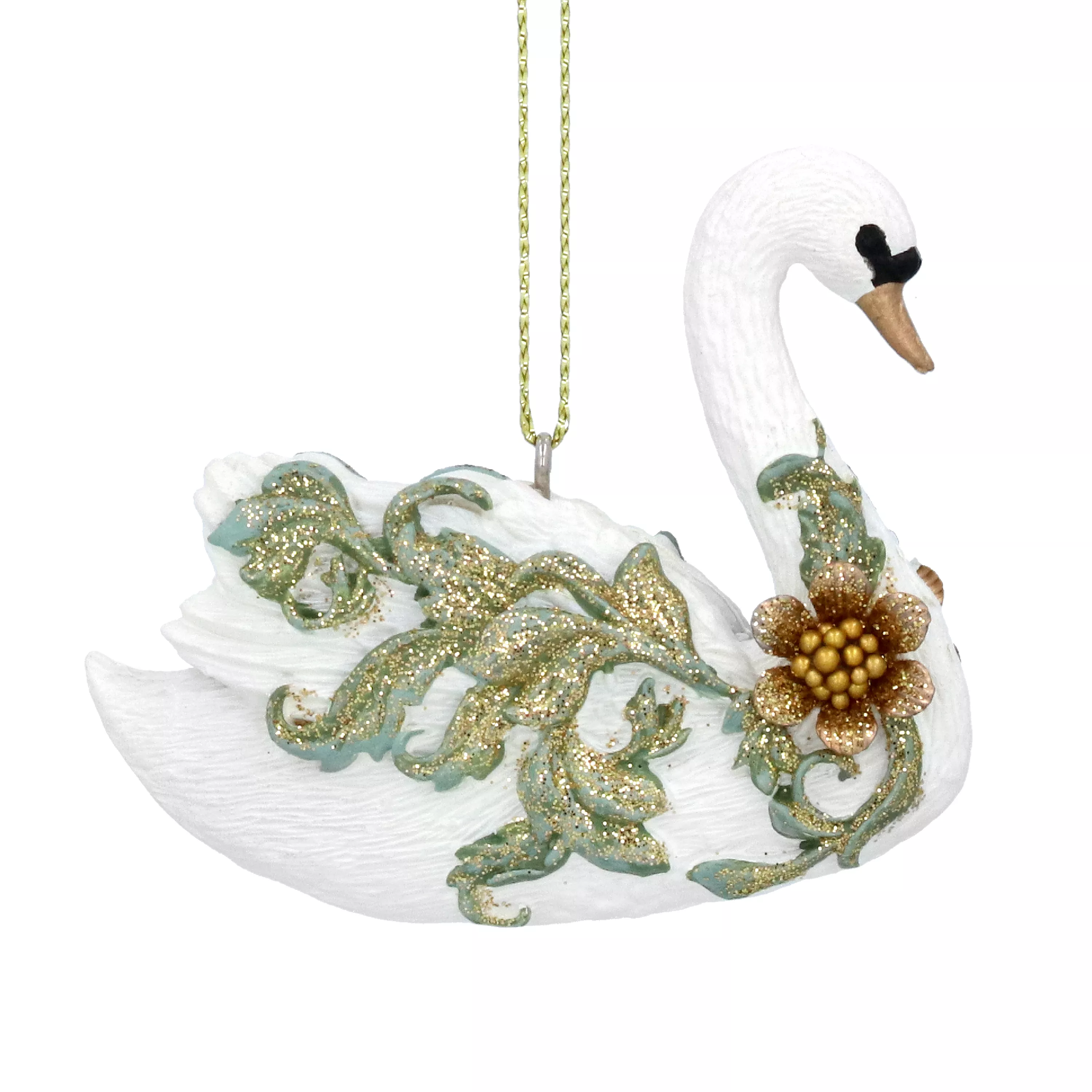 Cream/Gold/Green Resin Rococo Swan Decoration 6x7x2cm - Each