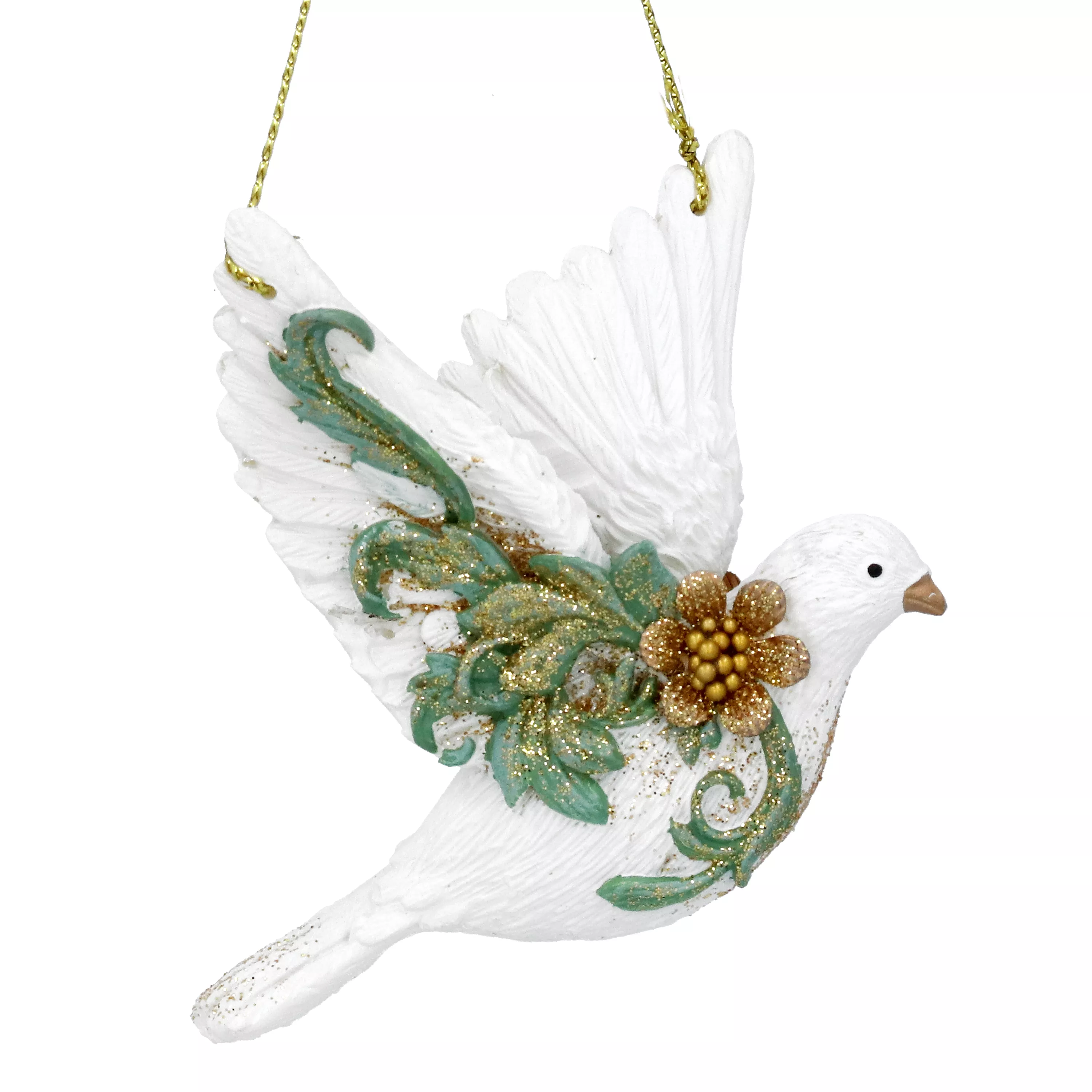 Cream/Gold/Green Resin Rococo Flying Dove Decoration  9x7x3cm - Each