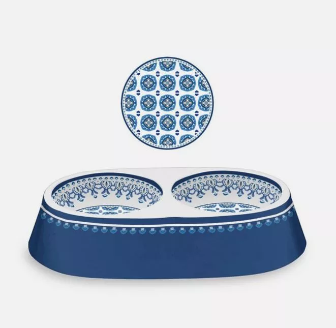 Moroccan Double Pet Bowl Indigo 15.1x3"