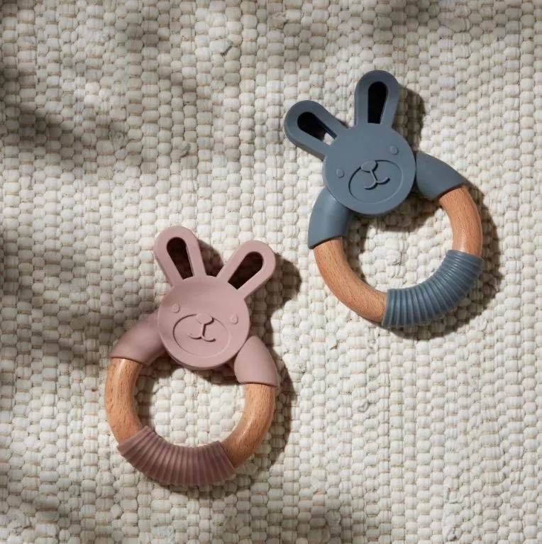 Bambino Wood & Silicone Bunny Teether Pink