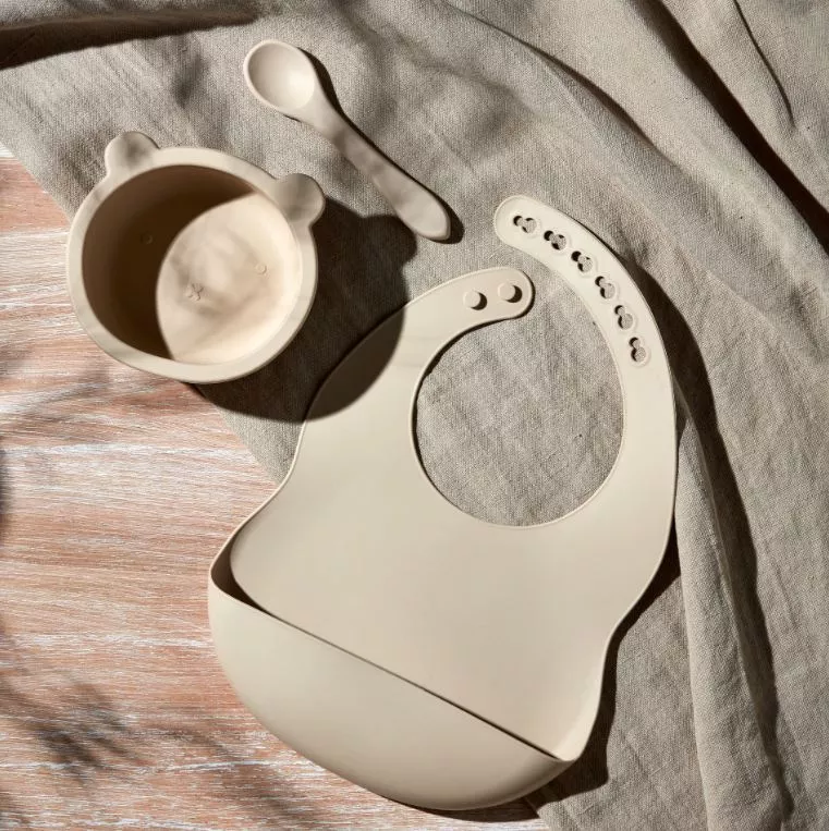 Bambino Silicone Feeding Set Bib Bowl & Spoon Natural