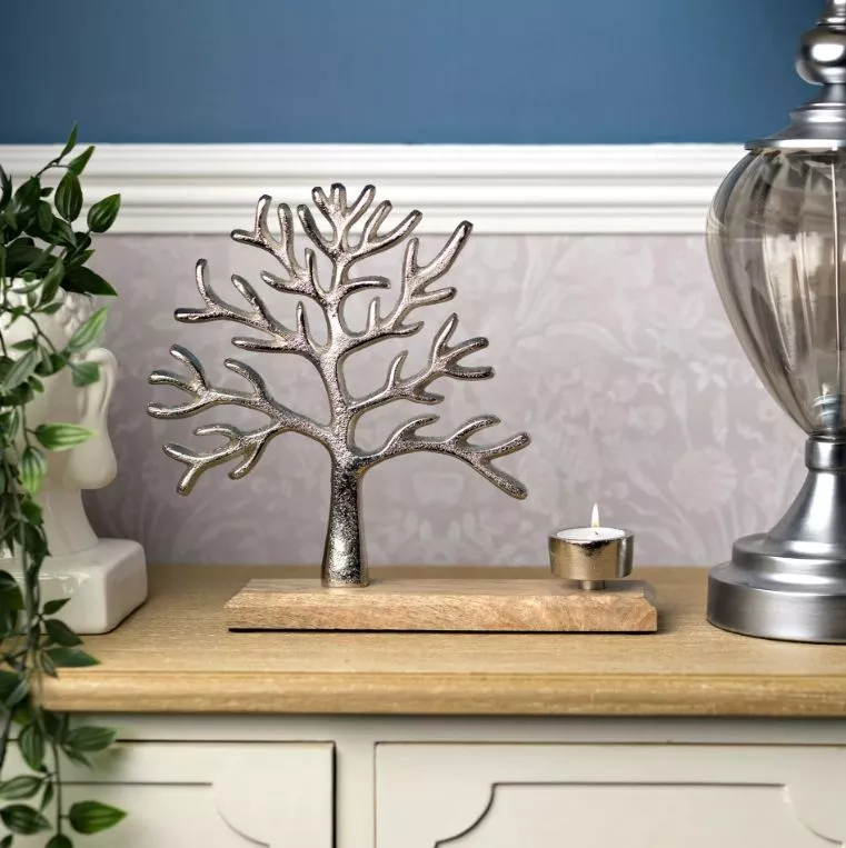 Tree of Life Metal & Wood Tealight Holder 27cm