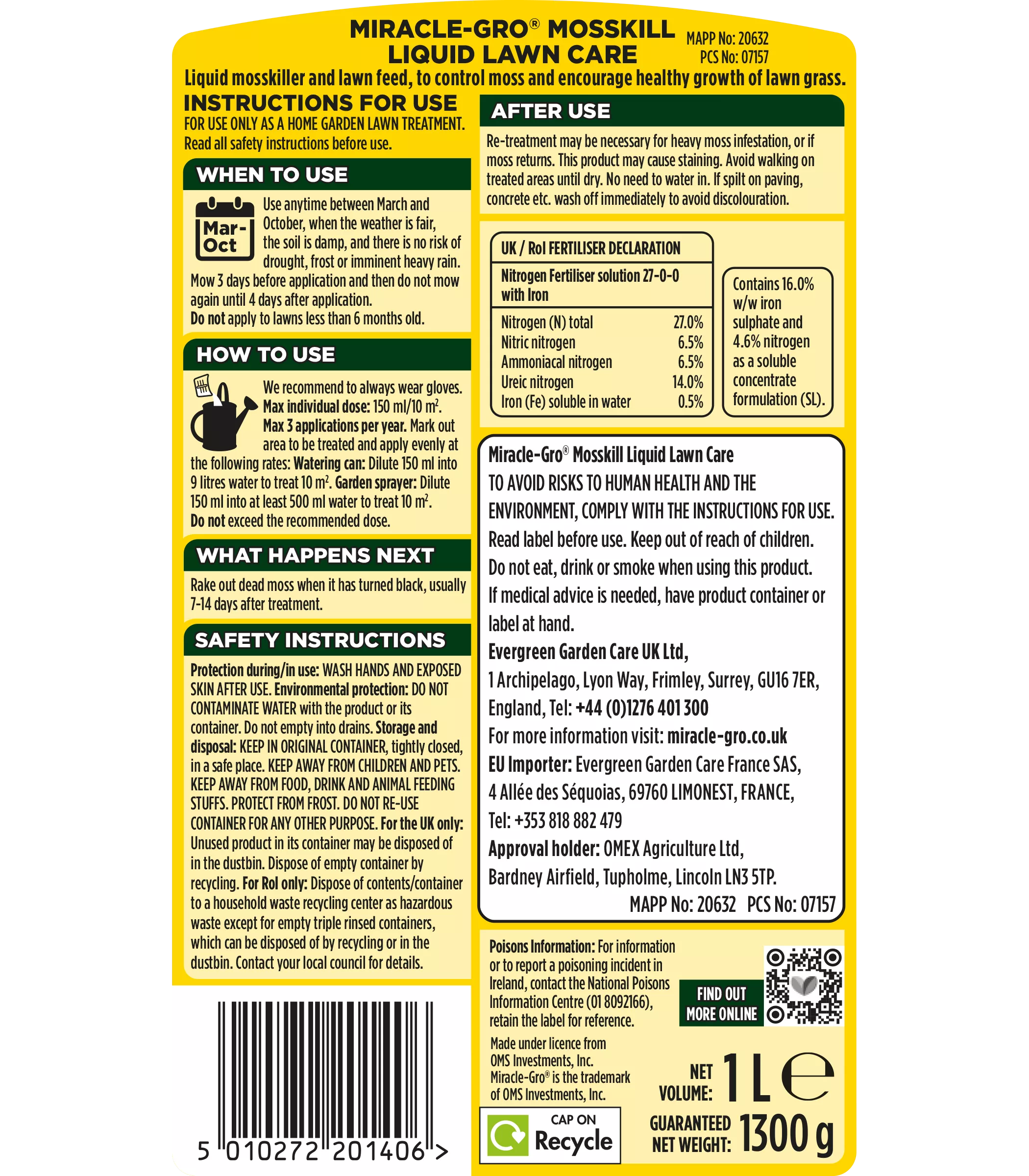 Miracle Gro Mosskill Liquid Lawn Care 1L