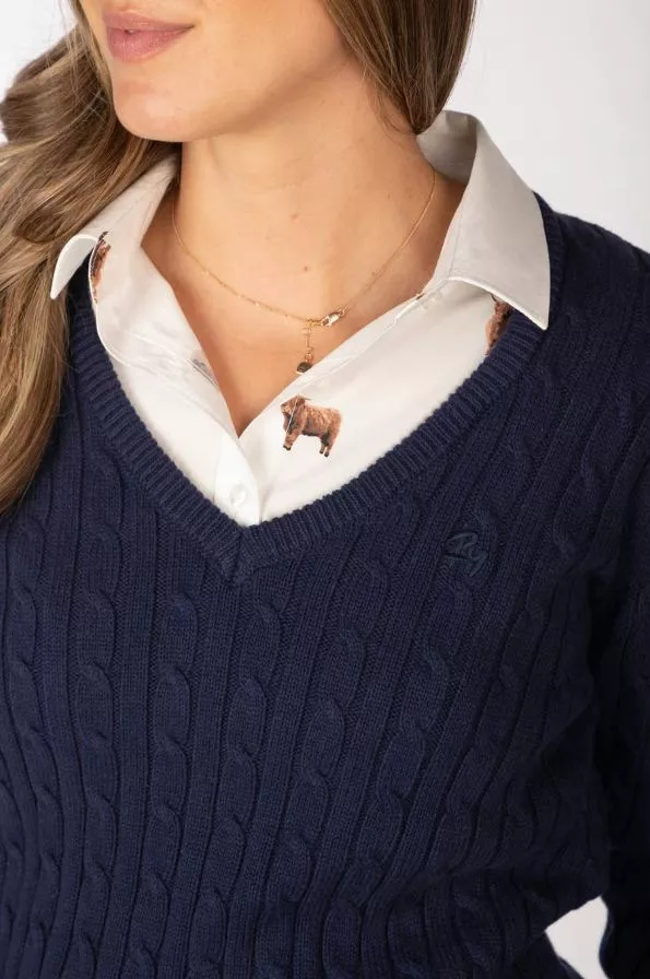 Emma Ladies V Neck Cable Knit Jumper Navy 18/2XL