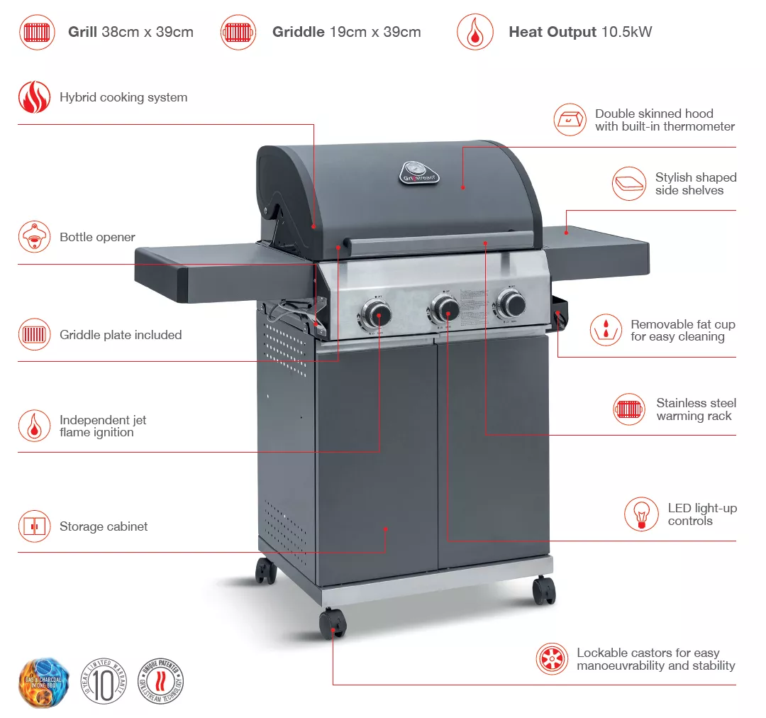 Grillstream Classic 3 Burner Hybrid BBQ - Matt Grey