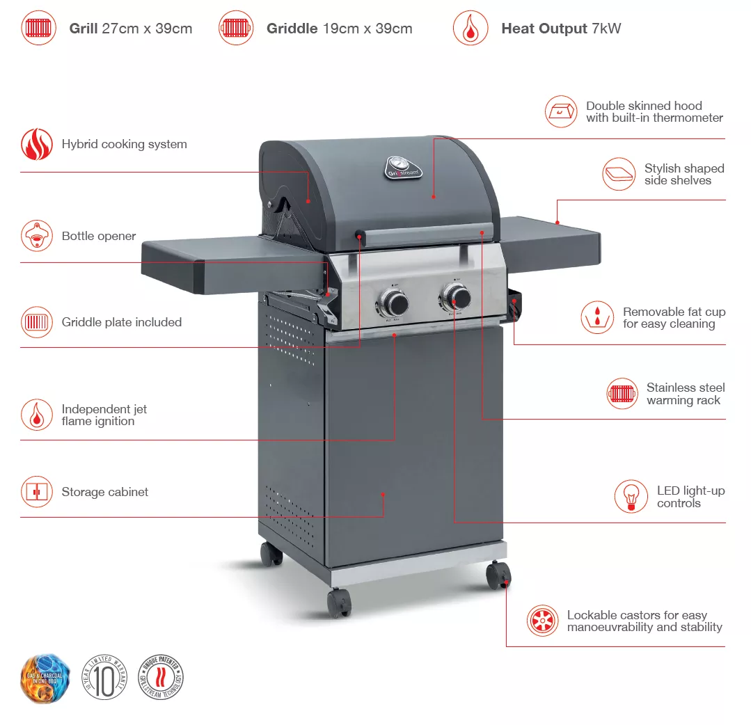 Grillstream Classic 2 Burner Hybrid BBQ - Matt Grey