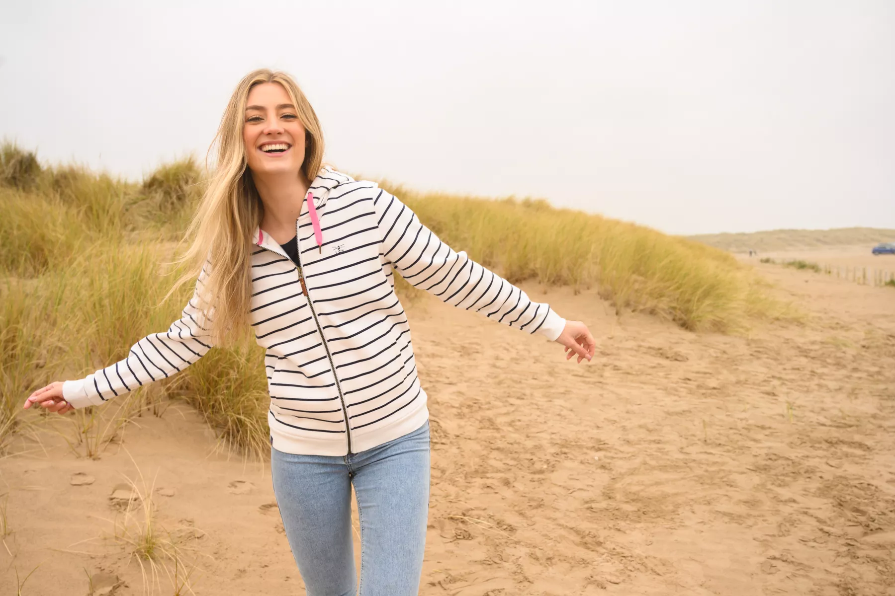 Ladies Strand Hooded Top Navy Stripe 14